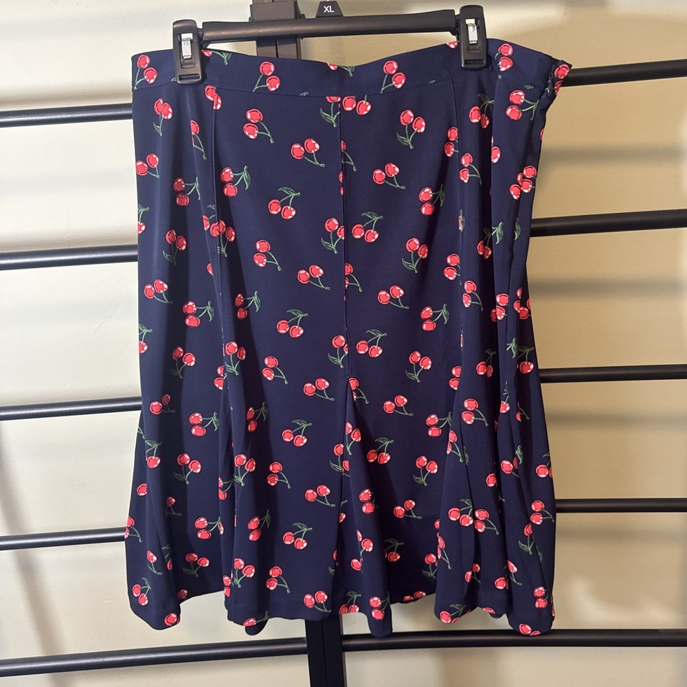 Talbots Cherry Print Skirt Women's 12 Blue‎ Flare Flounce Side Zip Knee Length